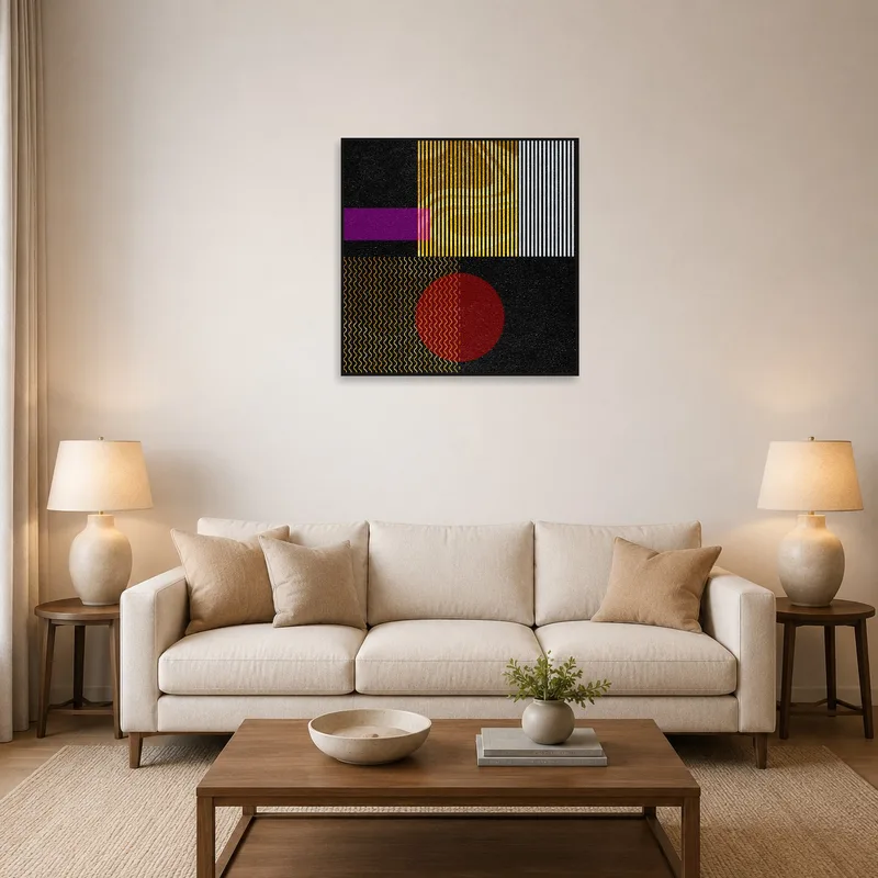 Abstract geometric art with vibrant colors above a modern sofa in a stylish living room.