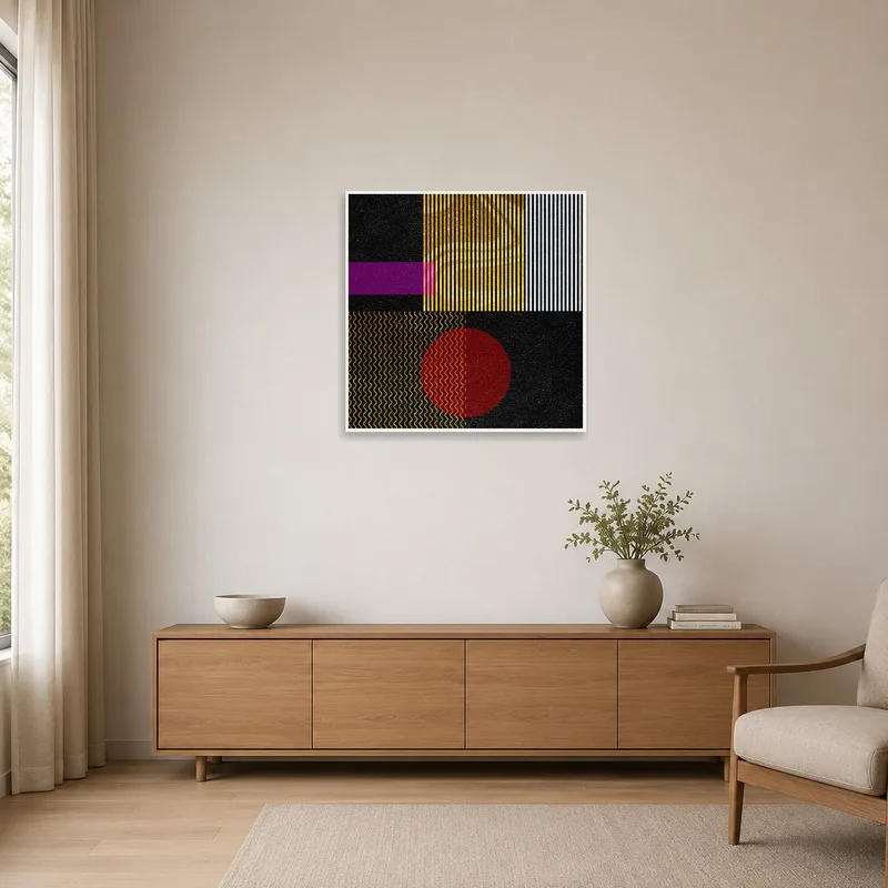 Colorful geometric abstract piece on a plain wall in a minimalist room setting.