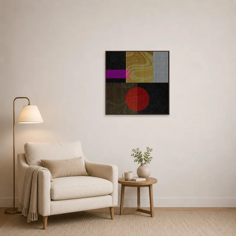 Eye-catching geometric abstract art brings color to a cozy reading corner.