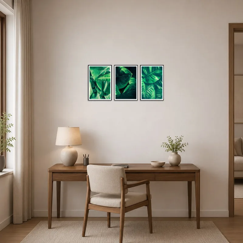Triptych of green leaves inspiring creativity in a home office.