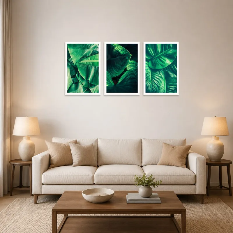 Triptych of green foliage leaves brightening a living room wall.