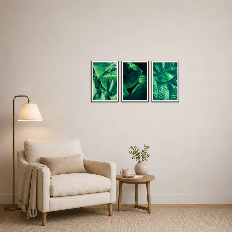 Leaf artwork triptych creating a serene atmosphere in a reading corner.