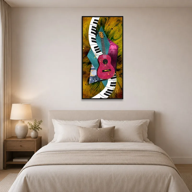Bedroom showcasing a colorful abstract painting of guitar and piano.