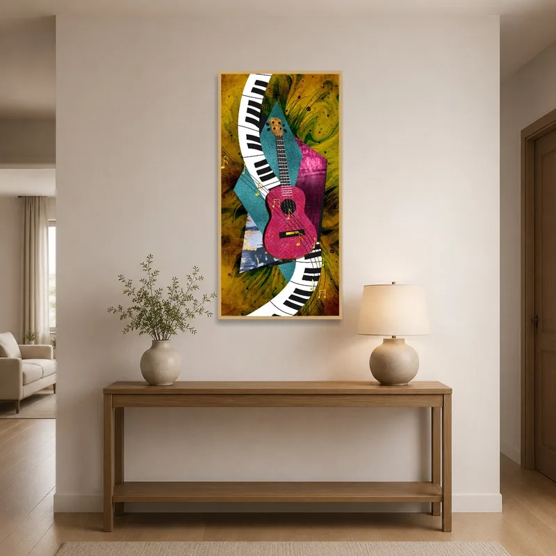 Entrance hall featuring a dynamic guitar and piano abstract art display.