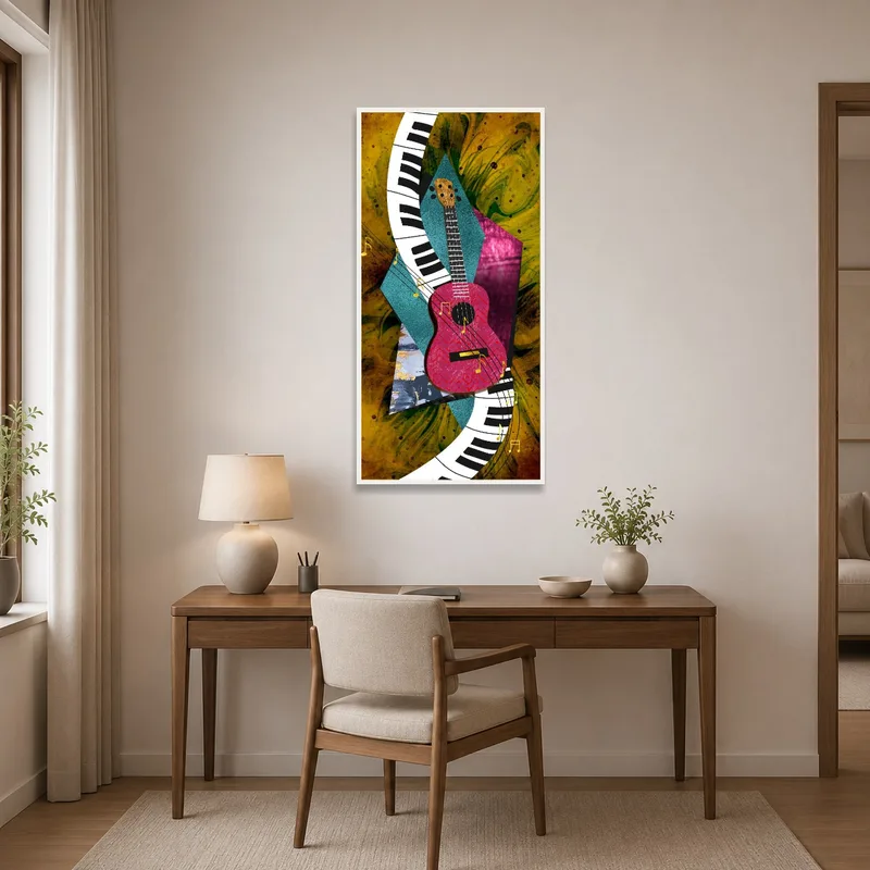 Home office accented by a musical-themed abstract art piece of guitar and piano.