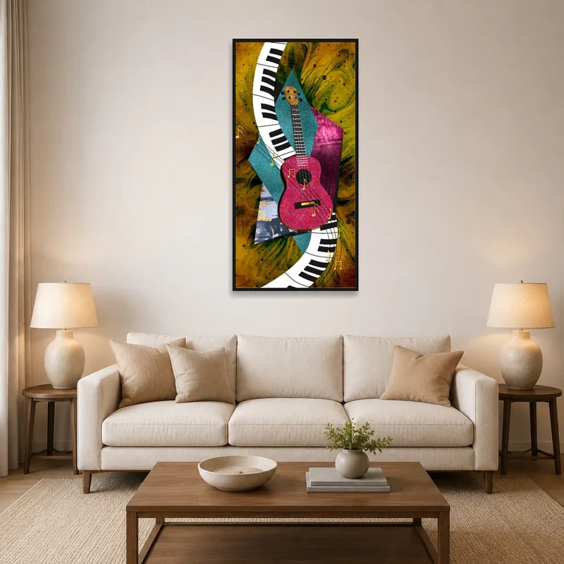 Abstract art print of a guitar and piano hanging in a vibrant living room setting.