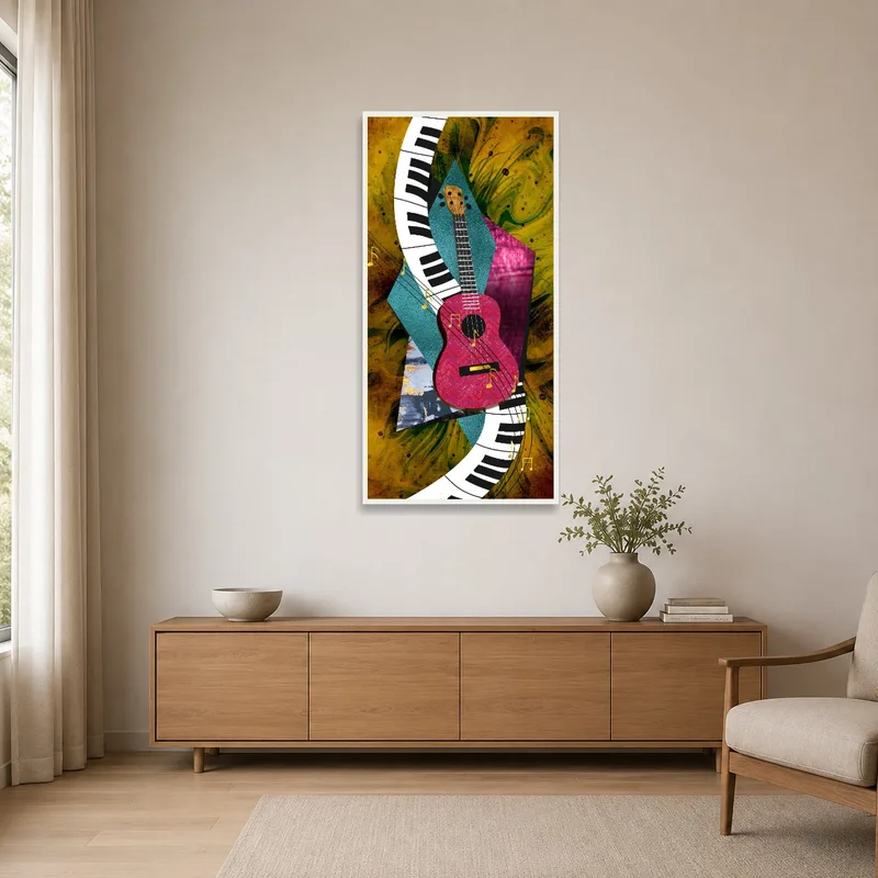 Minimalist room with bold guitar and piano artwork adding a splash of color.