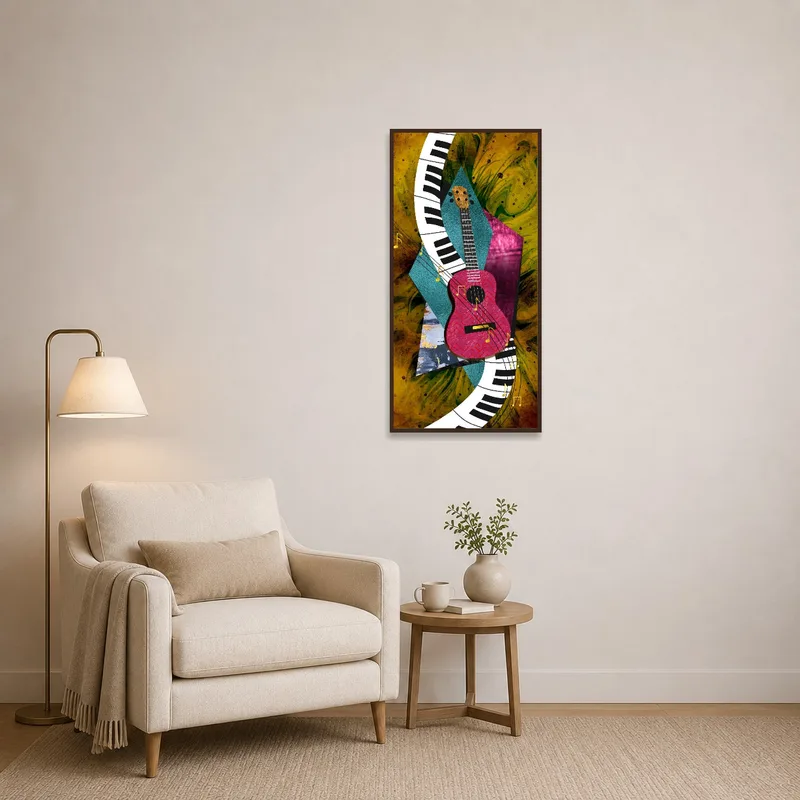 Reading corner highlighted by a lively abstract print of guitar and piano elements.