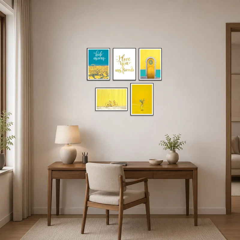 Motivational art set energizes a well-organized home office space.
