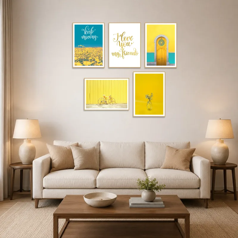 Colorful motivational art set on living room wall with cozy seating area.