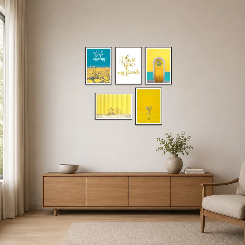 Simple room highlighting vibrant motivational art on a plain wall.