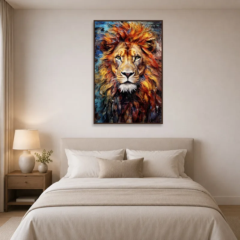 Vibrant lion watercolor art enhancing the bedroom decor above the headboard.