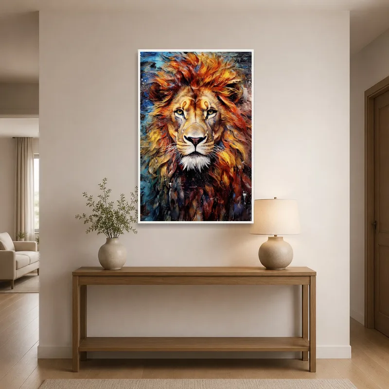 Lion watercolor portrait creating a striking entrance with its colorful presence in the hallway.