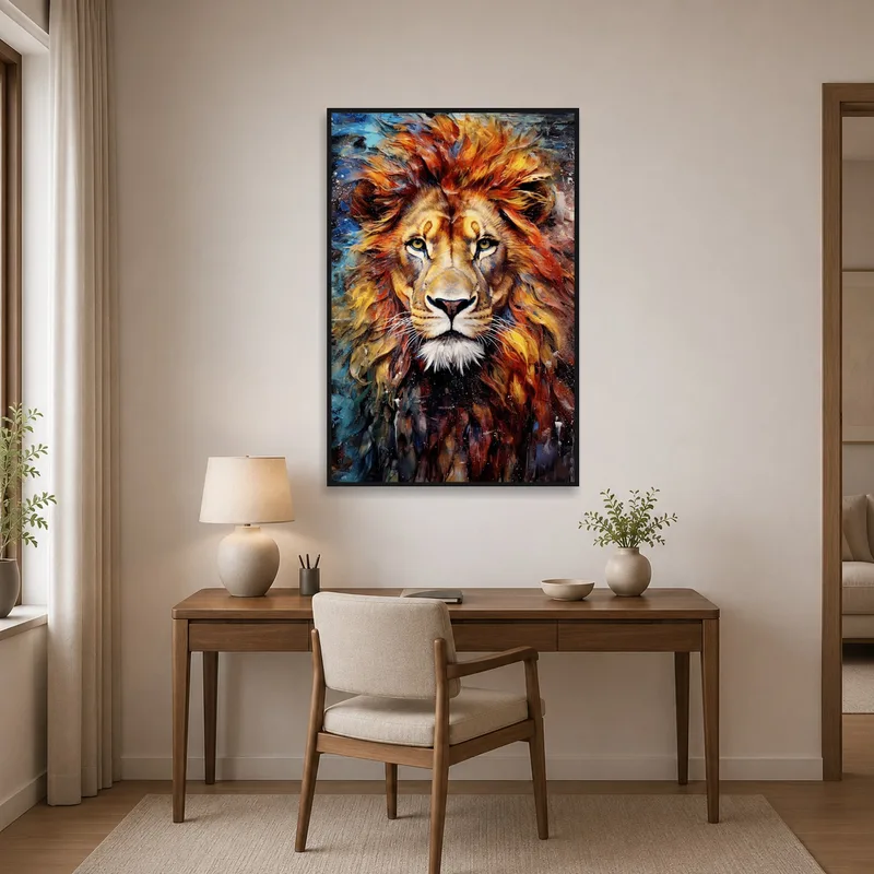 Dynamic lion watercolor piece inspiring creativity in a stylish home office space.