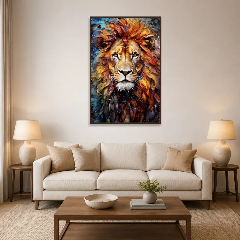 Vibrant lion watercolor portrait on the wall behind a modern sofa in a cozy living room.