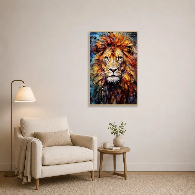 Colorful lion portrait elevating the reading corner ambiance, paired with a comfy chair and a lamp.