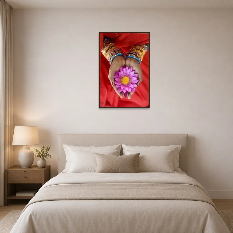 Lotus in hands artwork creating a calming atmosphere in the bedroom.