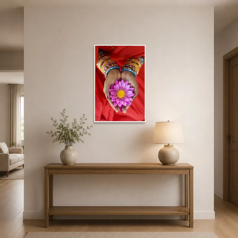 Welcoming entrance hall with a featured lotus in hands artwork.