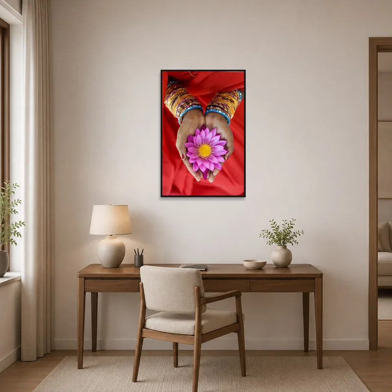 Inspired home office with a lotus in hands artwork on the wall.