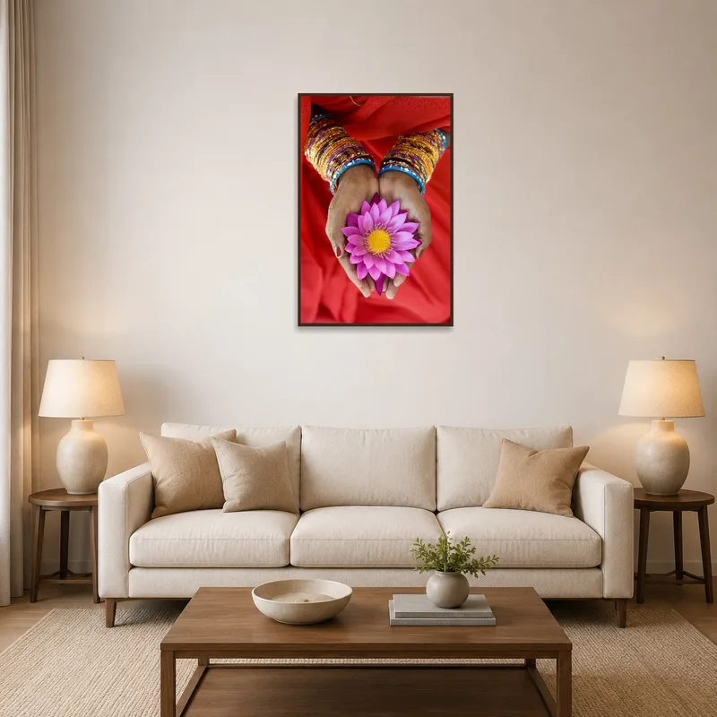 Artwork of a lotus held in hands displayed over a modern living room sofa.