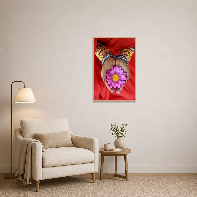 Cozy reading corner highlighted by a lotus in hands piece.