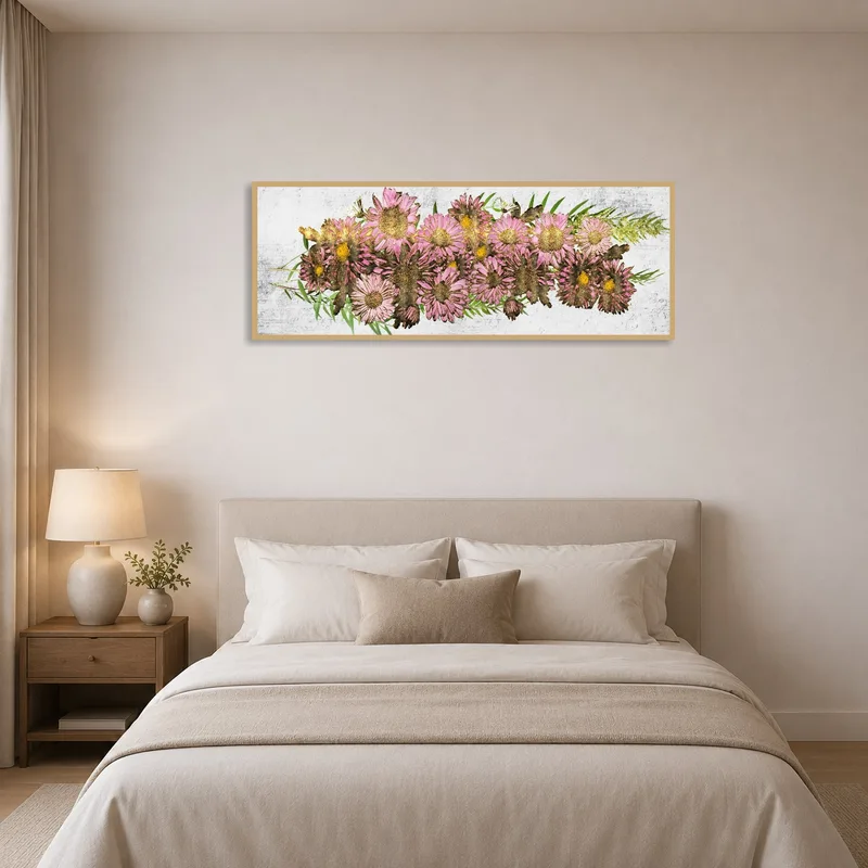 Pink botanical print brings elegance to a serene bedroom.