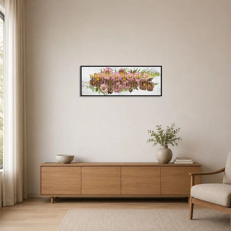 Pink floral print enhances a clean, minimalist space.