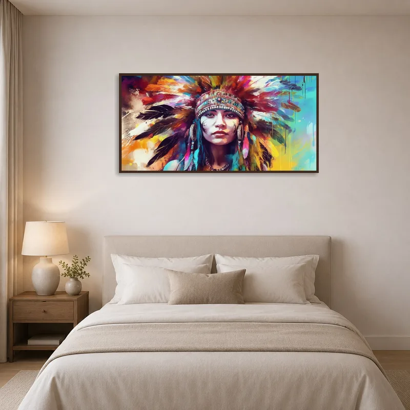 Bold portrait creates a lively atmosphere in a peaceful bedroom setting.