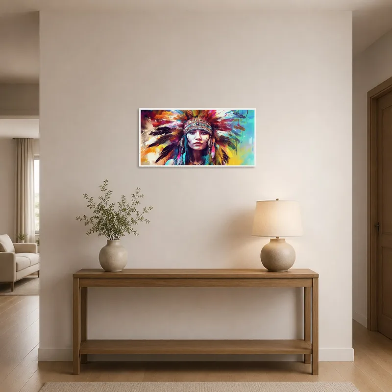 Striking portrait of woman welcomes guests in a chic entrance hall.