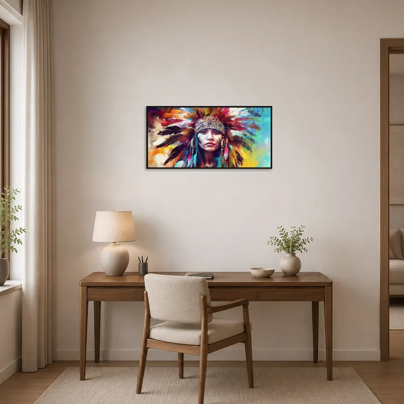 Energetic portrait brings creative flair to a productive home office space.
