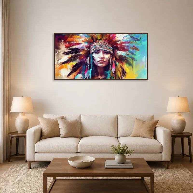 Vibrant portrait of a woman with headdress displayed above a sofa in a cozy living room.