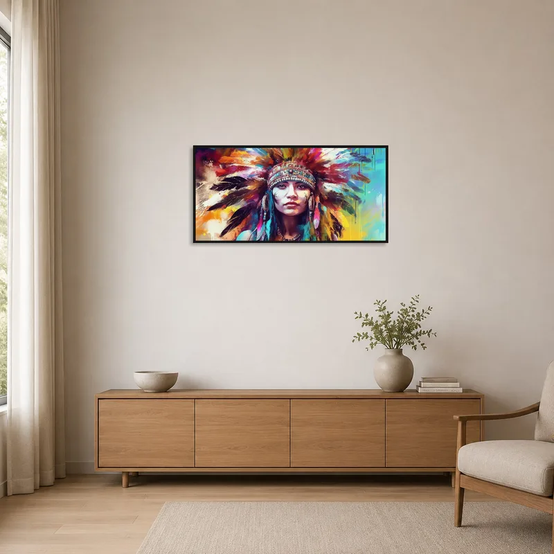 Colorful portrait enhances the simple, clean lines of a minimalist room.