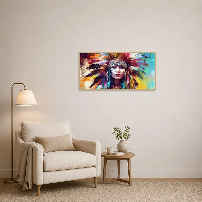Bright portrait adds a splash of color to a cozy reading nook with bookshelves.