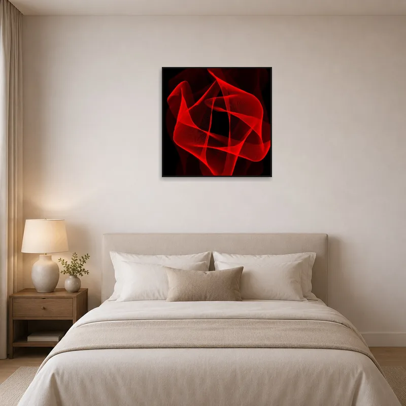 Stunning red wave art adds a pop of color to the bedroom.