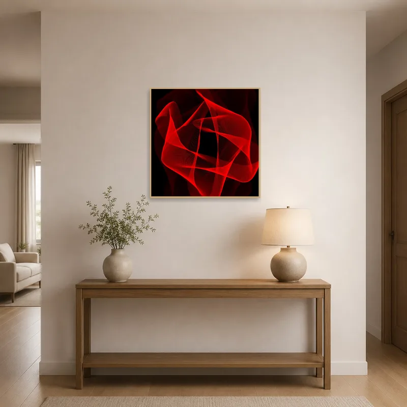 Eye-catching red wave artwork displayed in an entrance hall.