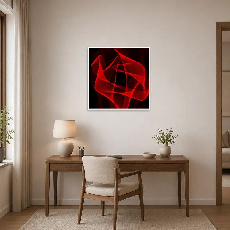 Red abstract wave art energizing a modern home office.