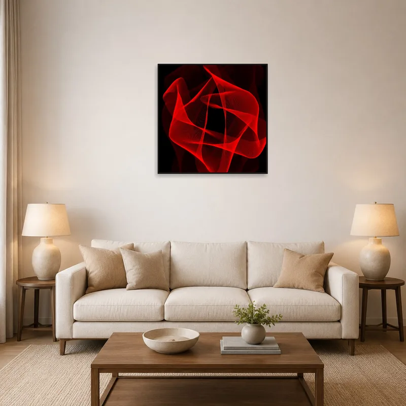 Vibrant red abstract wave art hanging in a cozy living room setting.