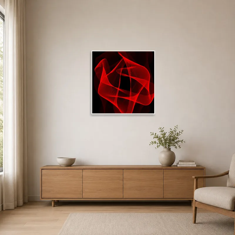 Bold red abstract wave piece in a sleek, minimalist space.