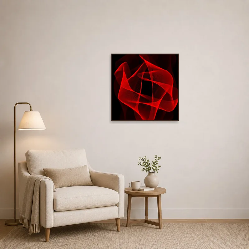Red abstract wave piece brings color to a cozy reading corner.