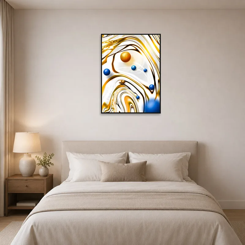 Stylish art print of spheres and waves creating a calming atmosphere over a bed.