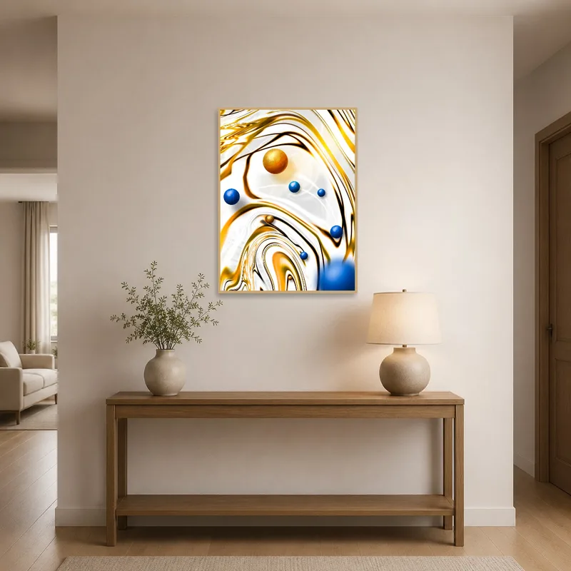Golden waves and vibrant spheres art print welcoming visitors in a stylish entryway.