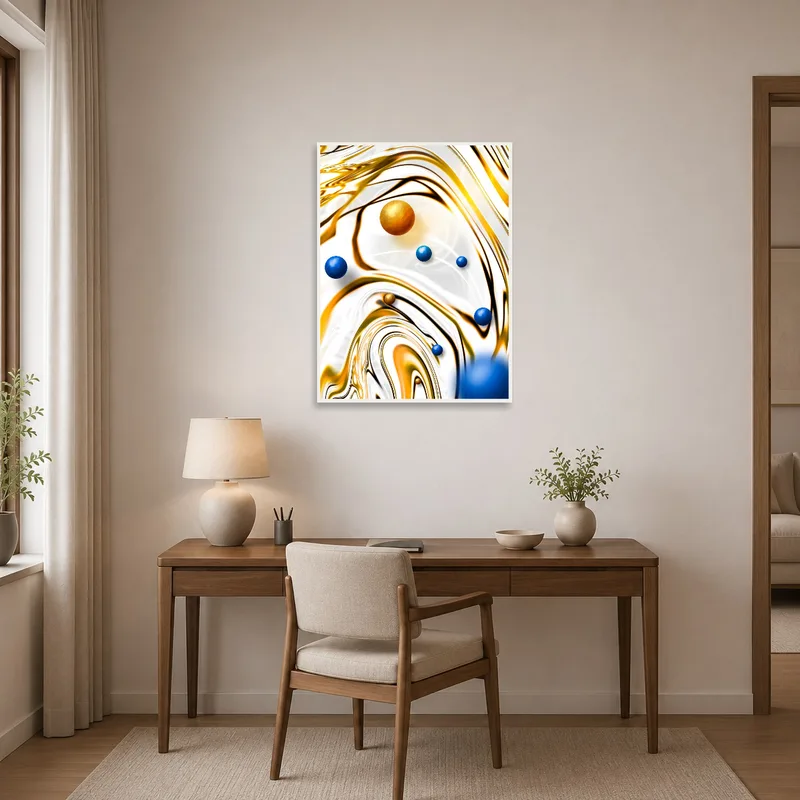 Vibrant art print of spheres on golden waves inspiring creativity in an office space.