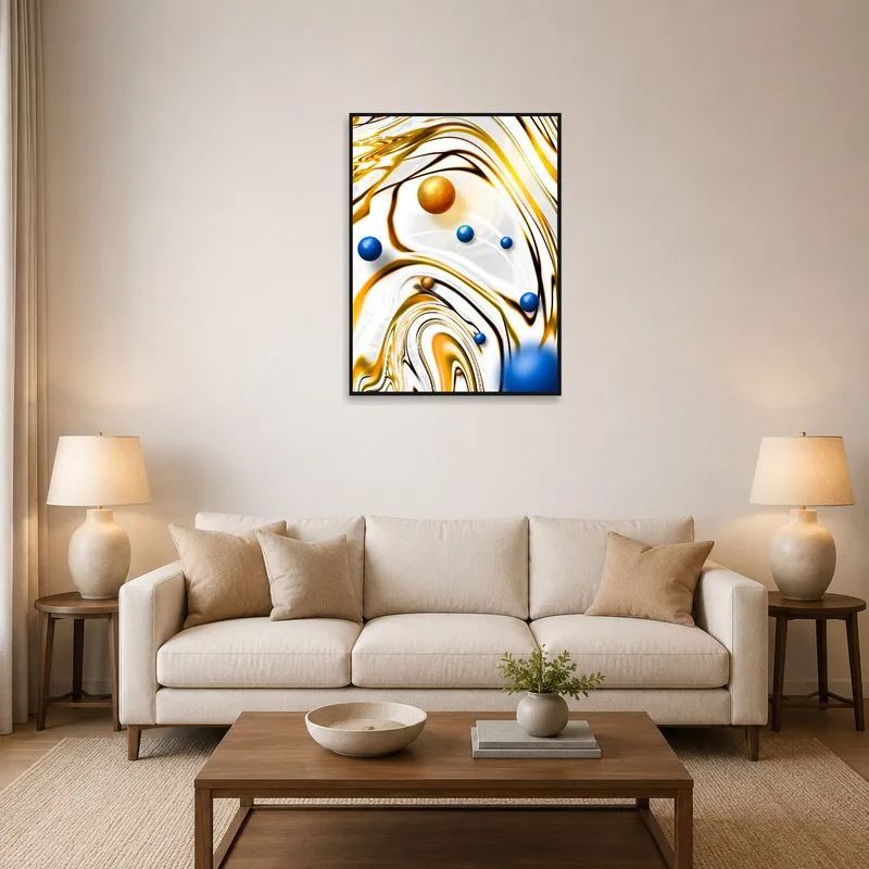 Art print featuring vibrant spheres and golden waves hung above a modern sofa.