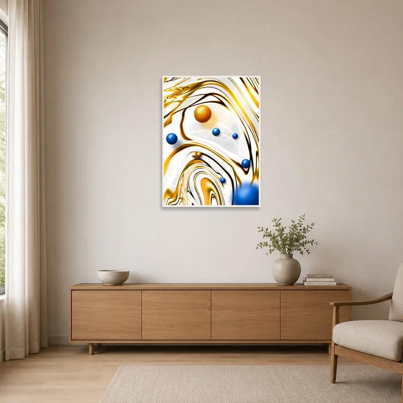 Vibrant spheres on golden waves art print enhancing a sleek, clutter-free space.
