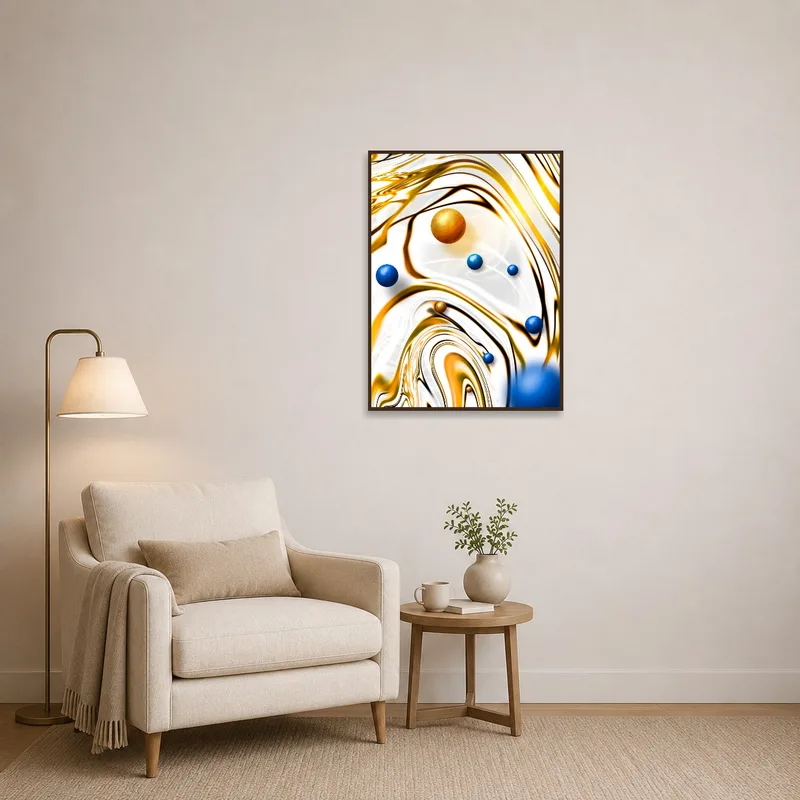 A captivating art print of vibrant spheres and golden waves in a cozy reading nook.