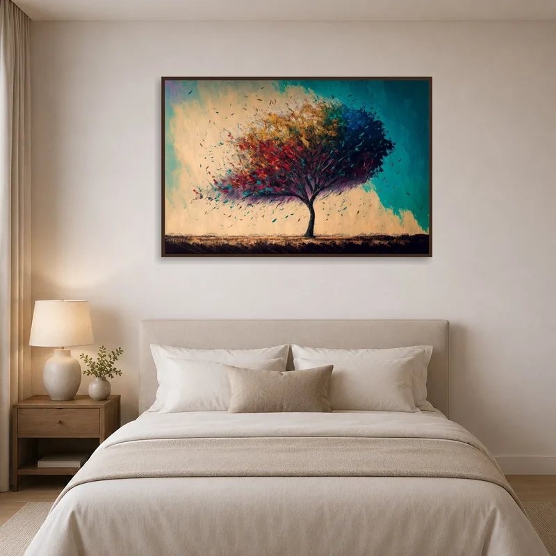 Serene tree landscape brings calm to the bedroom.