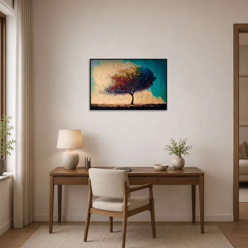 Abstract tree design enhances a creative home office.