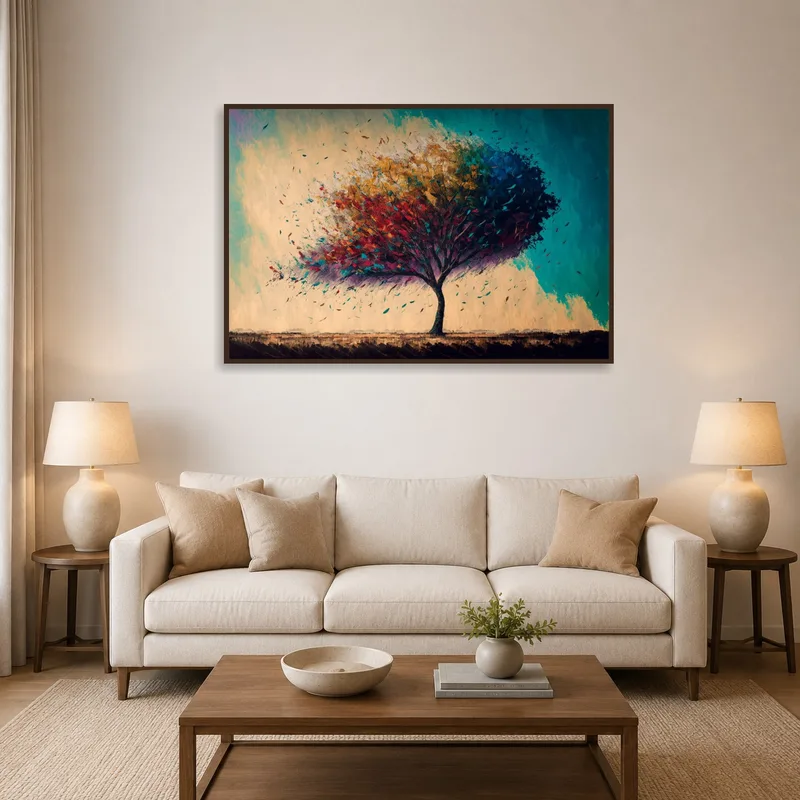 Vibrant tree artwork adds color to a cozy living room.