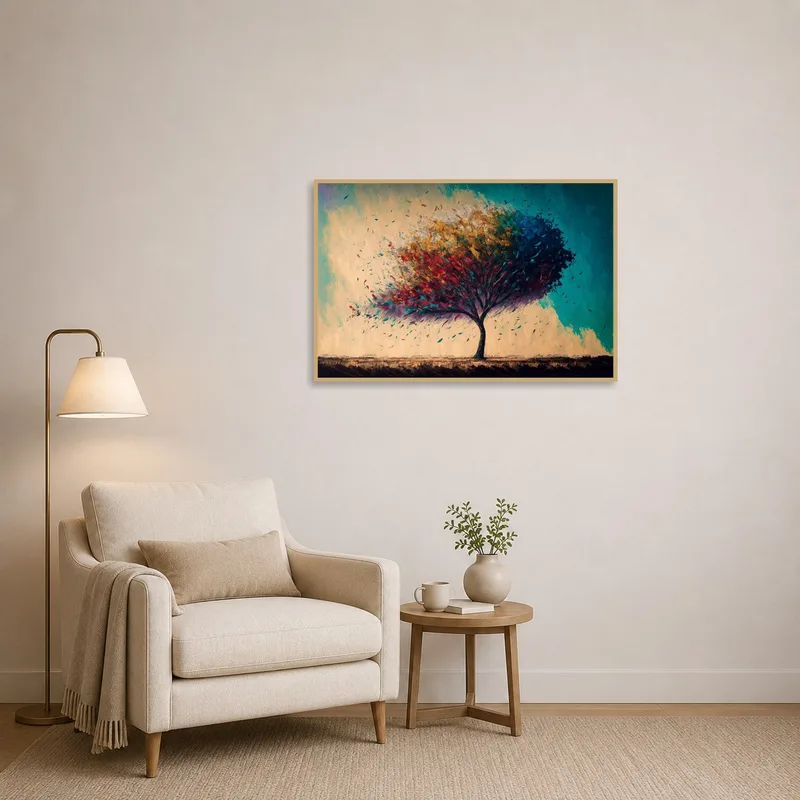 Colorful tree art livens up a reading corner.