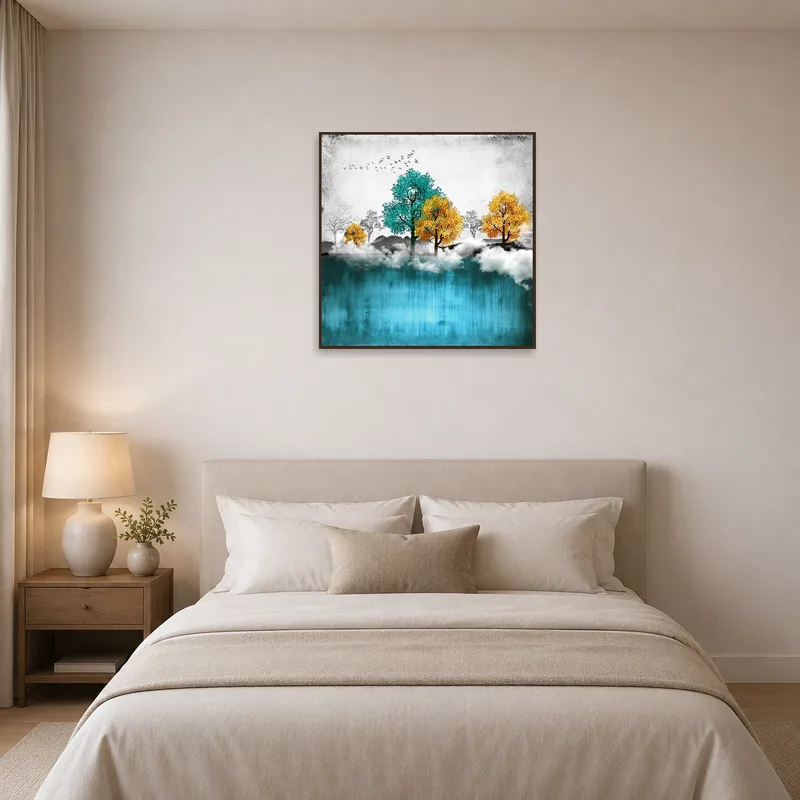 Tranquil tree scene with clouds enhances a serene bedroom ambiance.